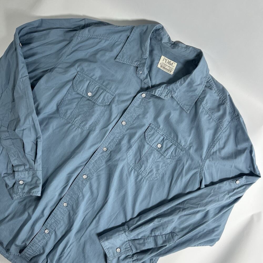 PD&C Men's Blue Solid Woven Cotton Button-Up Shirt Long Sleeve XL - Picture 2 of 9